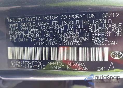2012 Toyota Prius C Three from USA, damaged, VIN JTDKDTB34C1518732